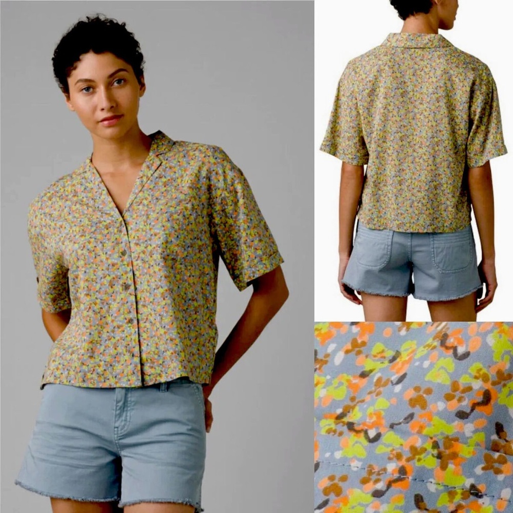 prAna Iguala Button Up Cuffed Top Sea Mist Petals NEW